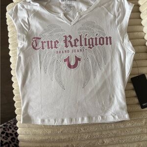True Religion White and Pink Short Sleeve Tee